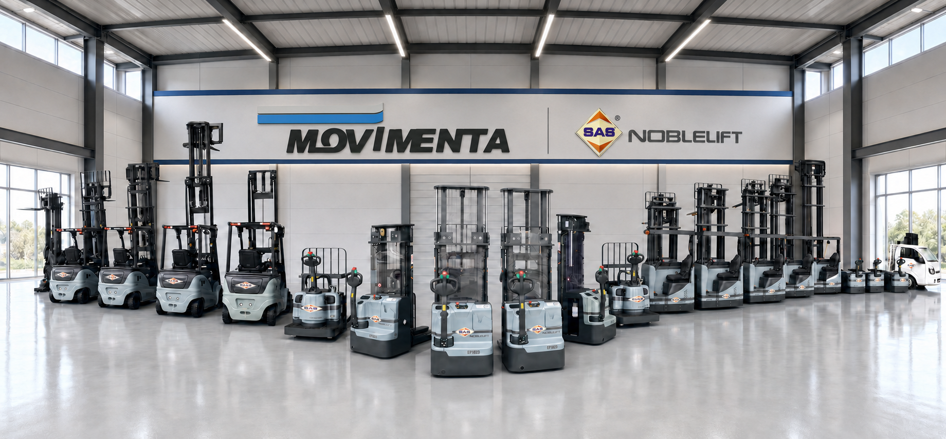 Linha de empilhadeiras SAS NOBLELIFT no showroom Movimenta MG